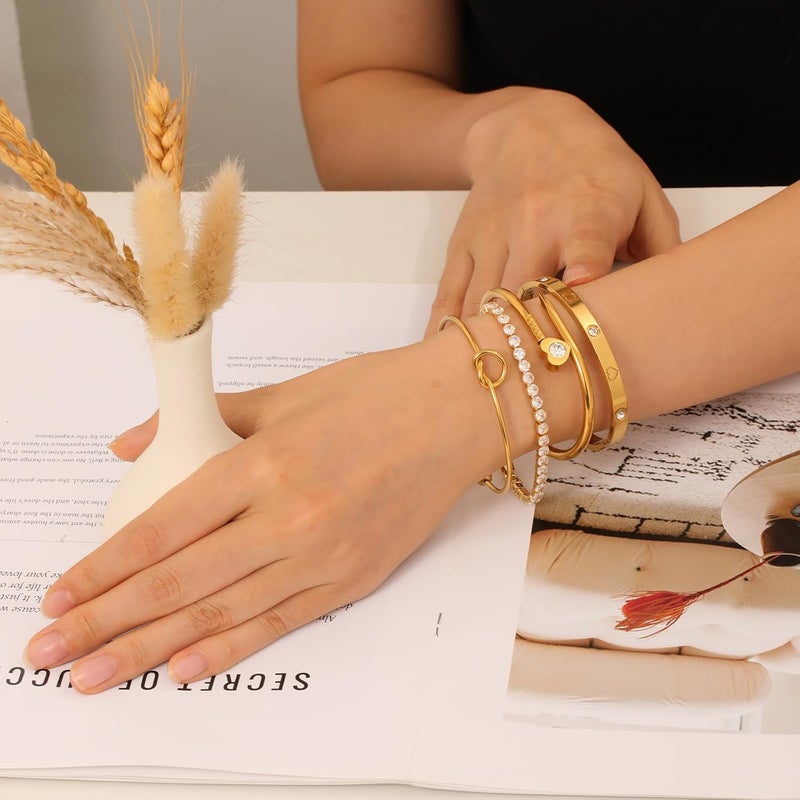 FAFUGA 18 K Gold Plated Love Bangle Bracelet Stack Cuff Jewelry for Women Jewelry Set for Women Gift with Box - Image 2